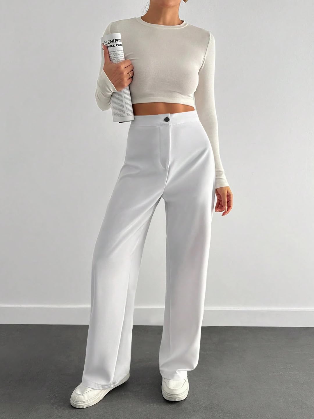 Toochki High Waist Trousers for Women Korean Style Formal Pants | Elegant Workwear for Office, College & Events White