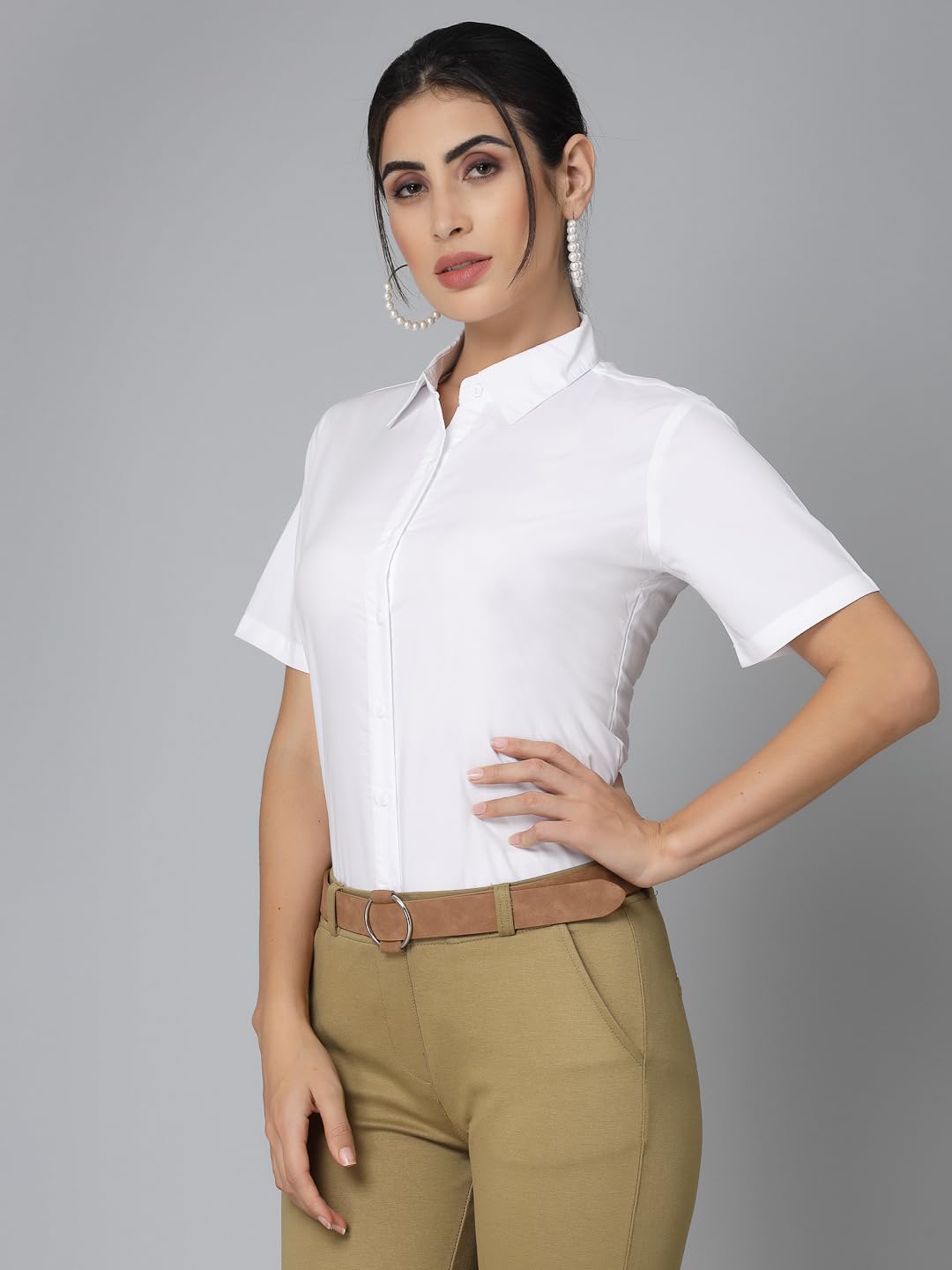 Style Quotient Women White Cotton Blend Formal Short Sleeve Shirt