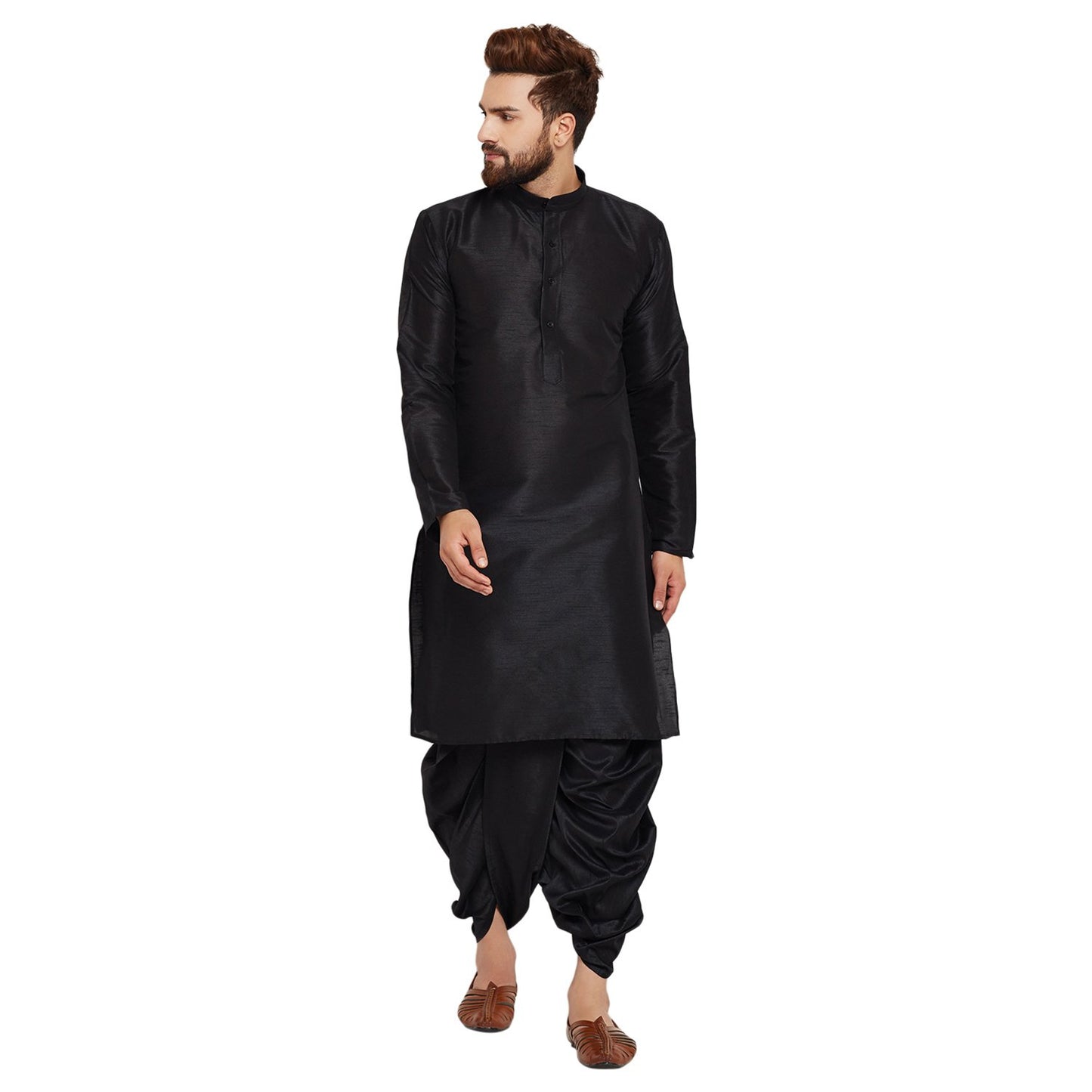 SOJANYA (Since 1958 Men's Black & Black Silk Dhoti Kurta Set, Size: XL