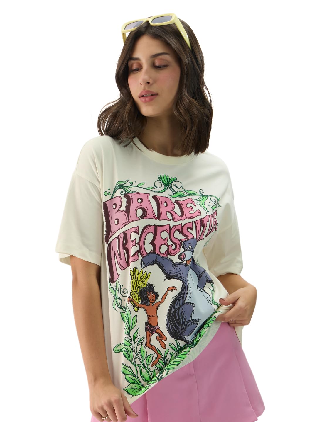 The Souled Store Official Disney: Bare Necessities Women and Girls Short Sleeve Round Neck White Graphic Print Cotton Oversized