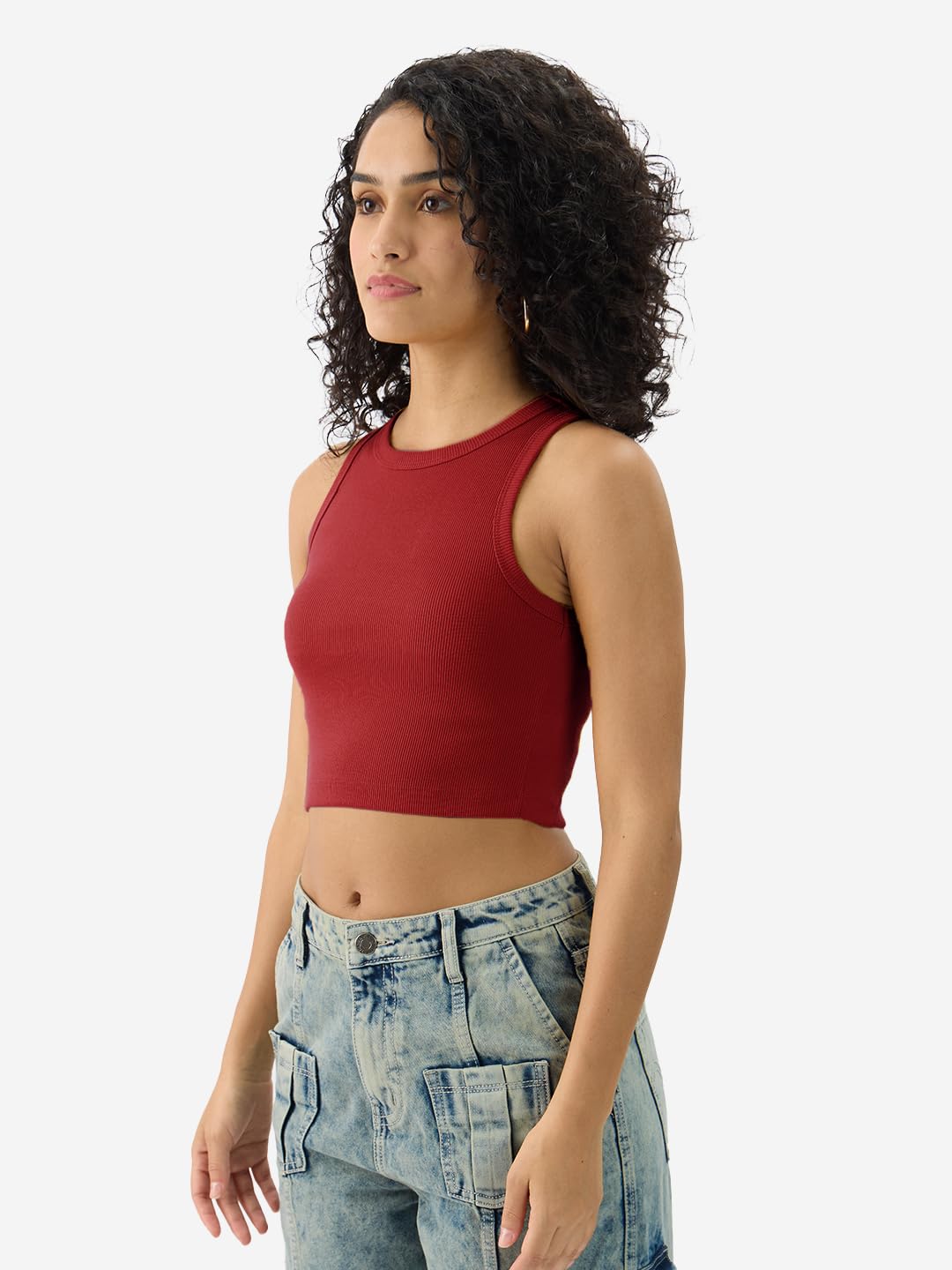 The Souled Store Solids: Lipstick Red Women & Girls Round Crew Neck Sleeveless Ribbed Crop Tank Tops