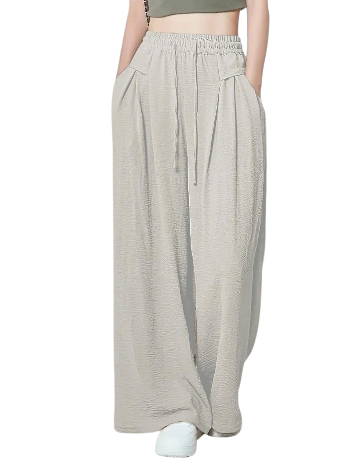 Greciilooks WomenS Loose High Rise Textured Trousers | High-Waisted Pant | Korean Trousars Beige