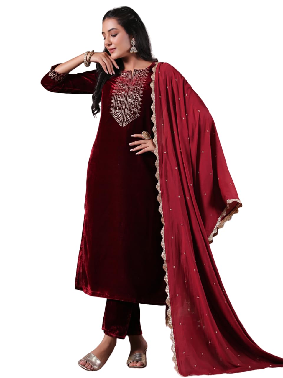 Ishin WomenS Velvet Yoke Design Zari Maroon Straight Kurta Suit Set With Trousers & Dupatta