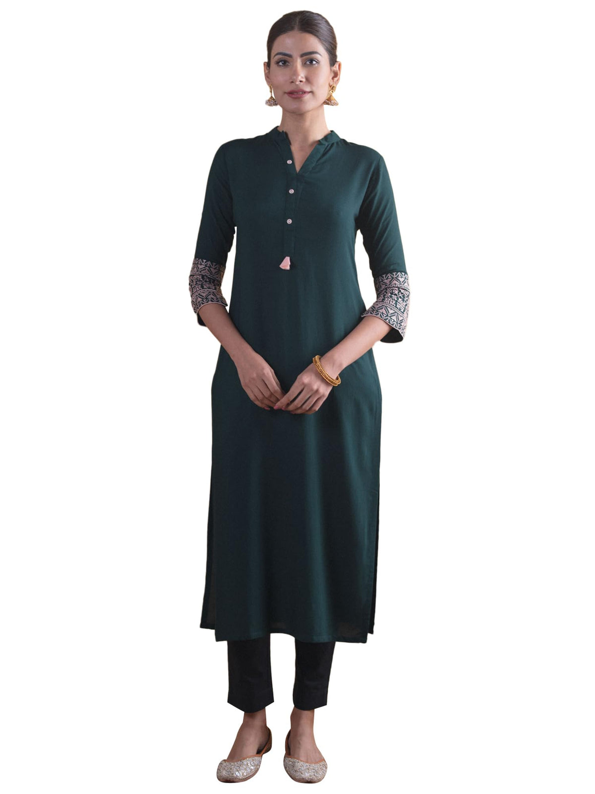 Libas Green Solid Rayon Straight Kurta