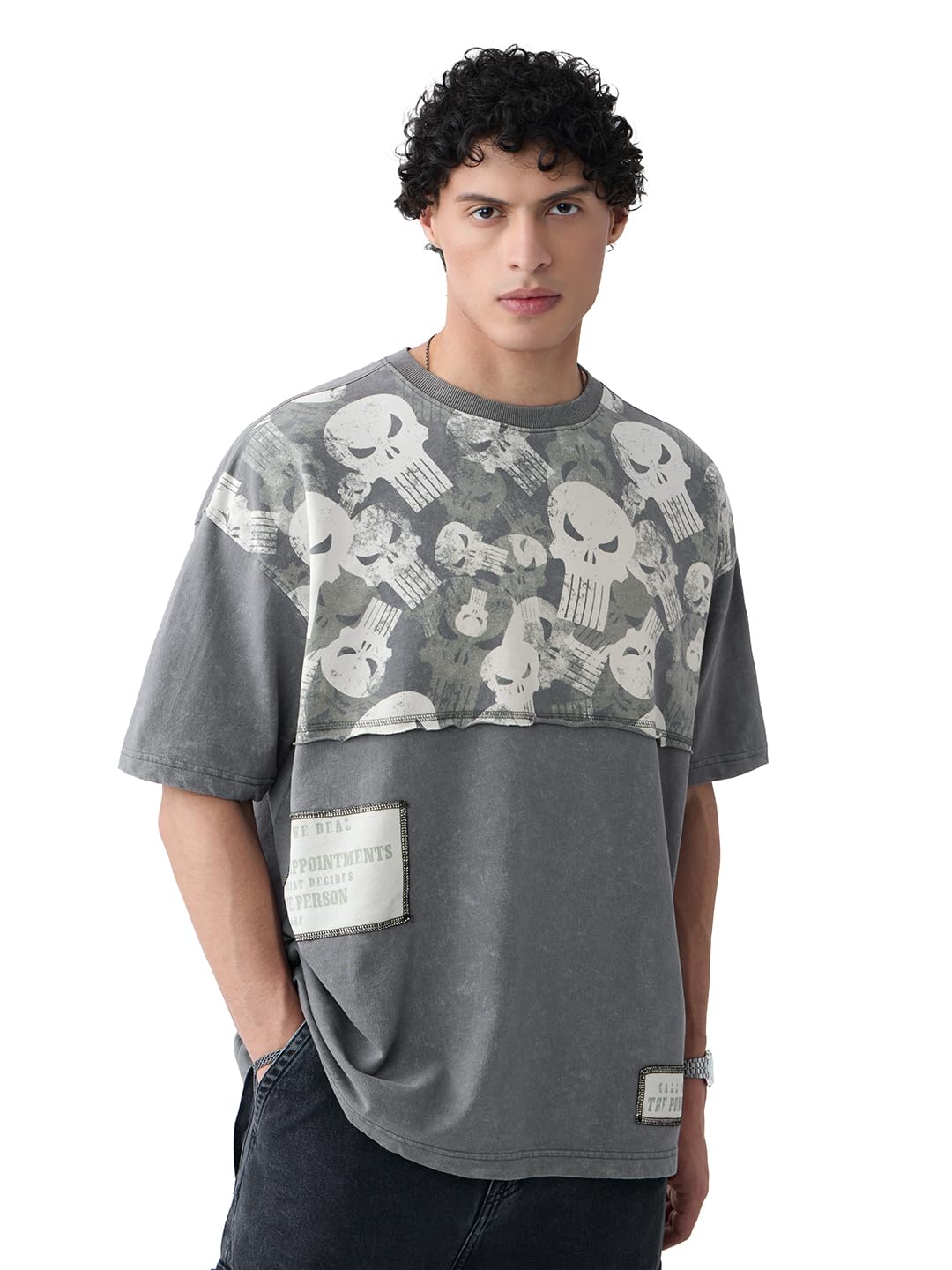 The Souled Store Punisher: Its One Man and Boys Short Sleeves Round Neck Grey Printed Cotton Oversized T-Shirts