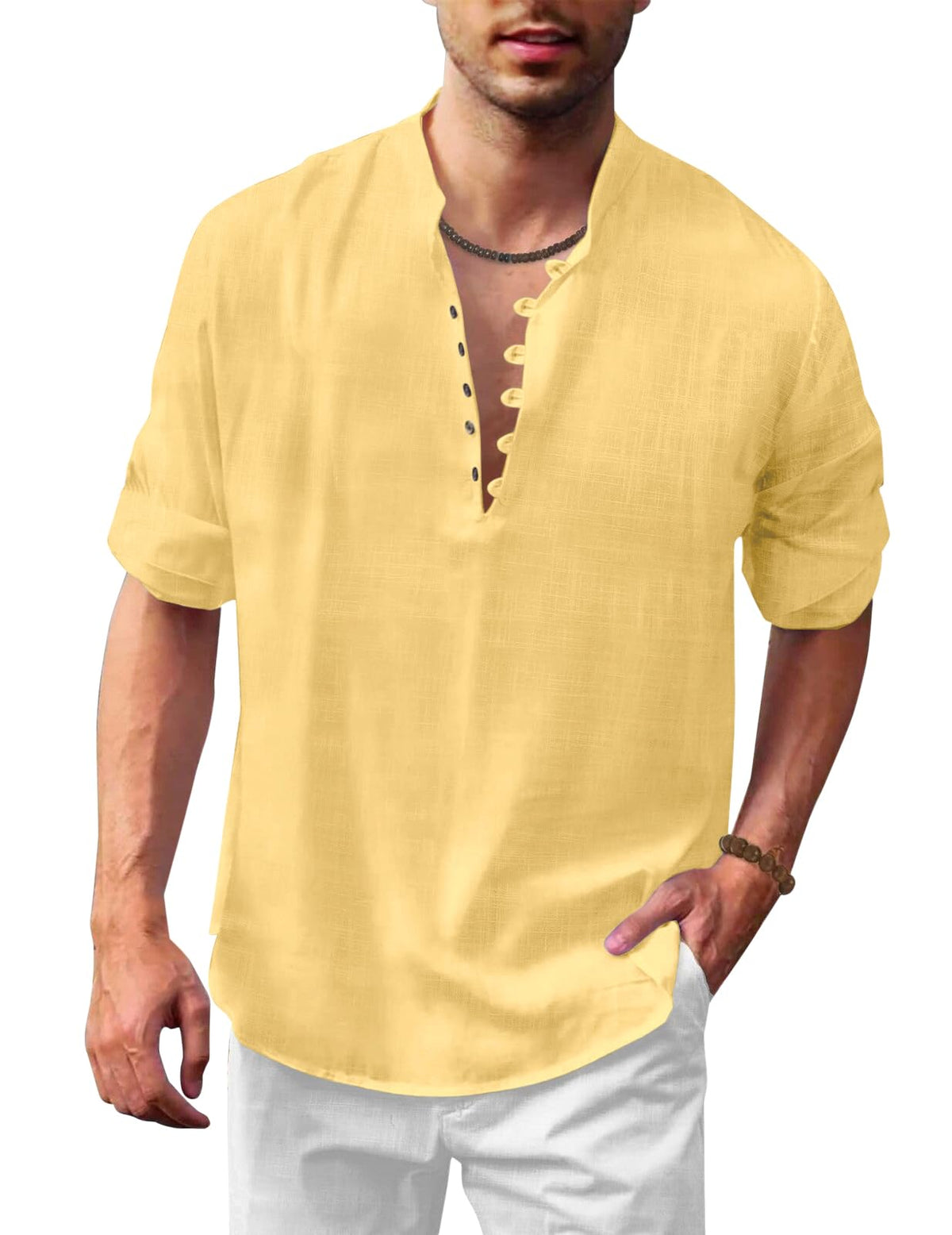 Royalscout MenS Solid Cotton Blend Straight Kurta Shirt | Regular Fit Full Sleeve Short Kurta Yellow