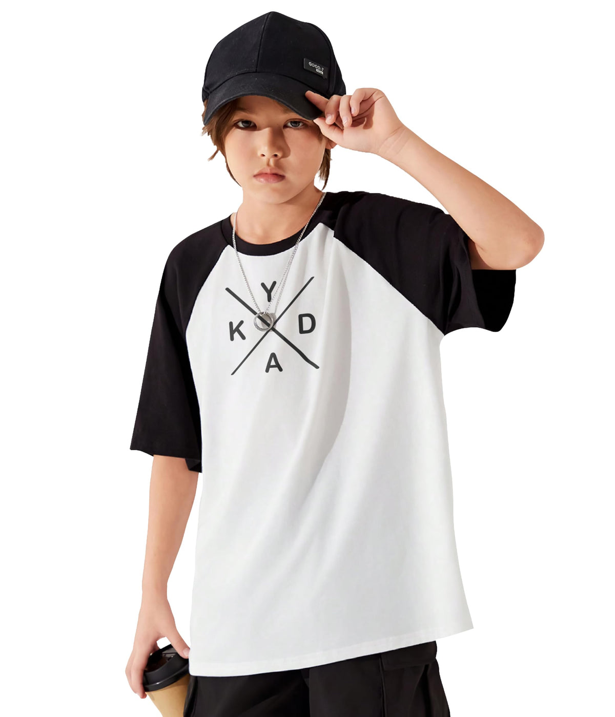 Kyda Kids Boys Round Neck Printed Raglan Half Sleeve Black And White Pure Cotton Oversized Tshirt (Pack Of 1)