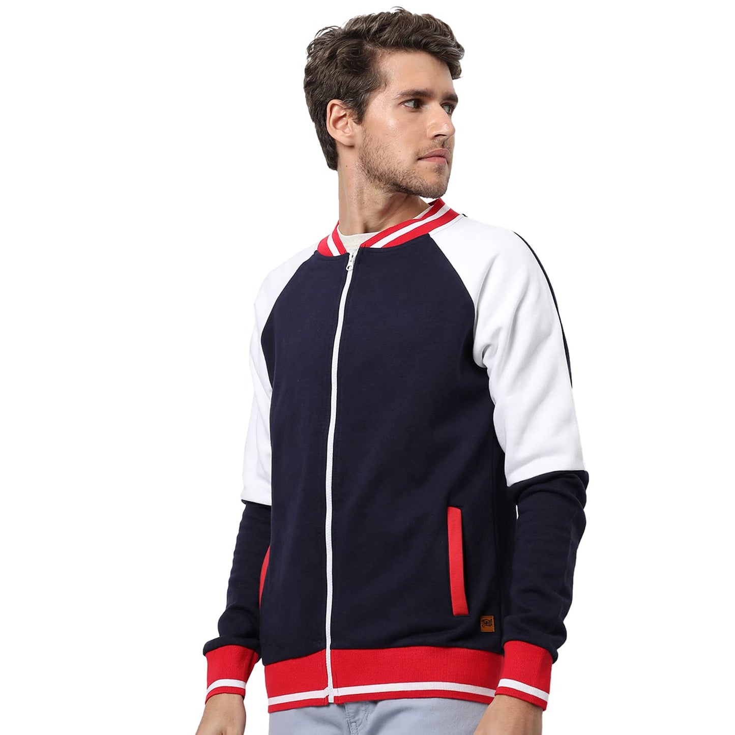 Campus Sutra Mens Blue & Red Colour-Blocked Solid Regular Fit Cotton Varsity Jacket For Winter Wear | Low-Cut Standing Collar |