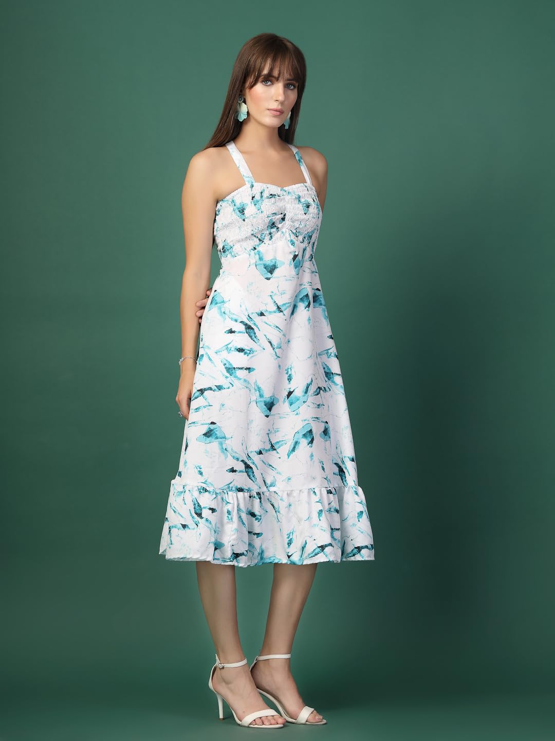 Oomph! WomenS Western & Fusion Wear Printed Crepe Dress For Women, Smocked Bodice, Blue - Md1054