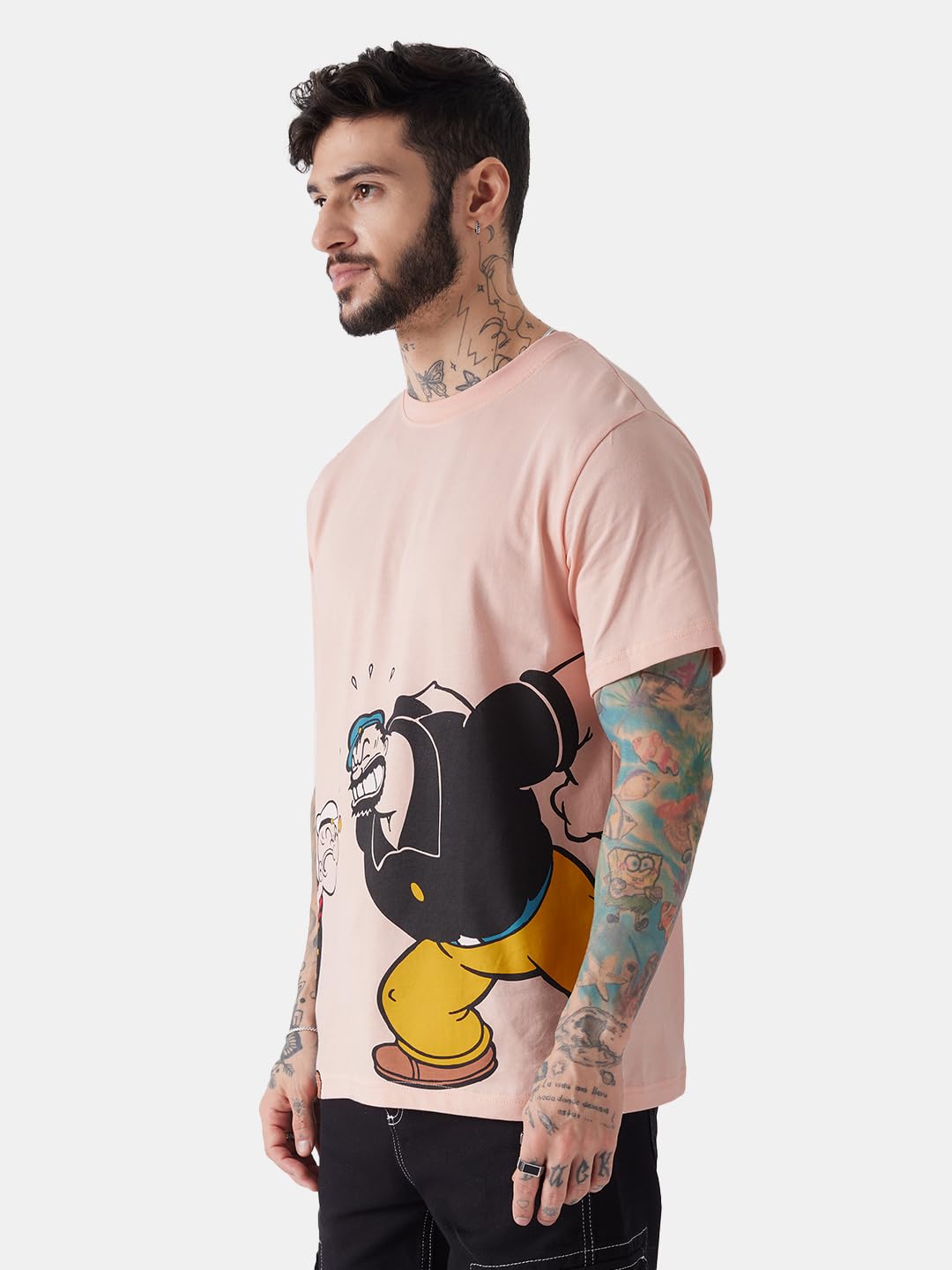 The Souled Store Official Popeye: Fight Time Men and Boys Regular fit Half Sleeve Graphic Printed Cotton Nude Pink Color T-Shirt