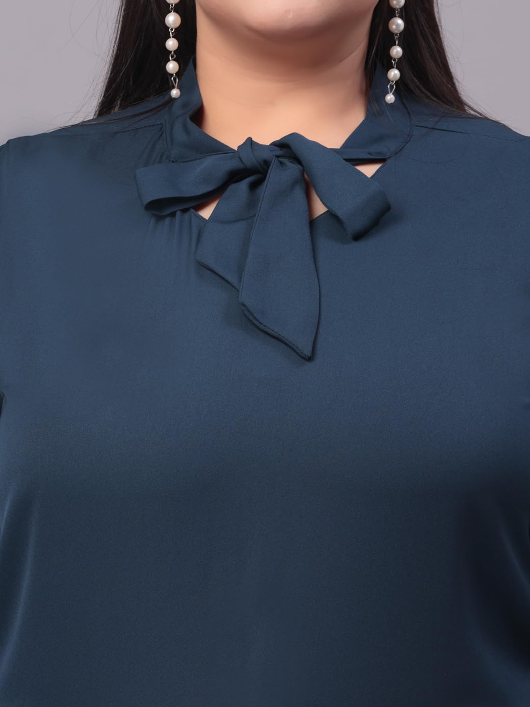 Style Quotient Women Navy Smart Tie-Up Neck Plus Size Top
