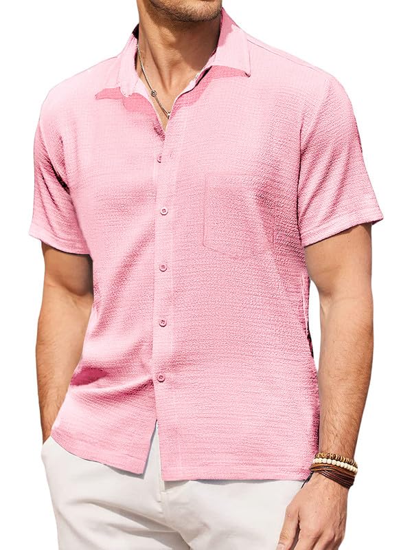 Pinkmint Mens Popcorn Shirt Comfortable Short Sleeve Shirts Casual Textured Shirt (Pack of 1) Pink