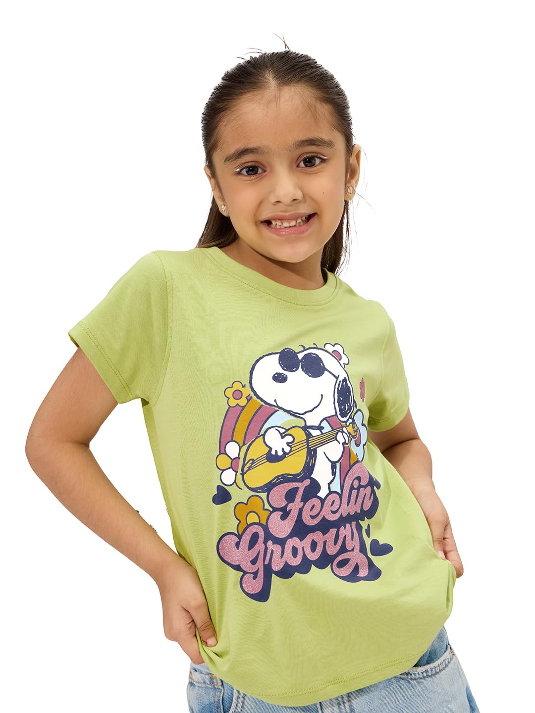 The Souled Store Peanuts: Groovy Vibes Girls Short Sleeves Round Neck Green Graphic Printed Cotton T-Shirts
