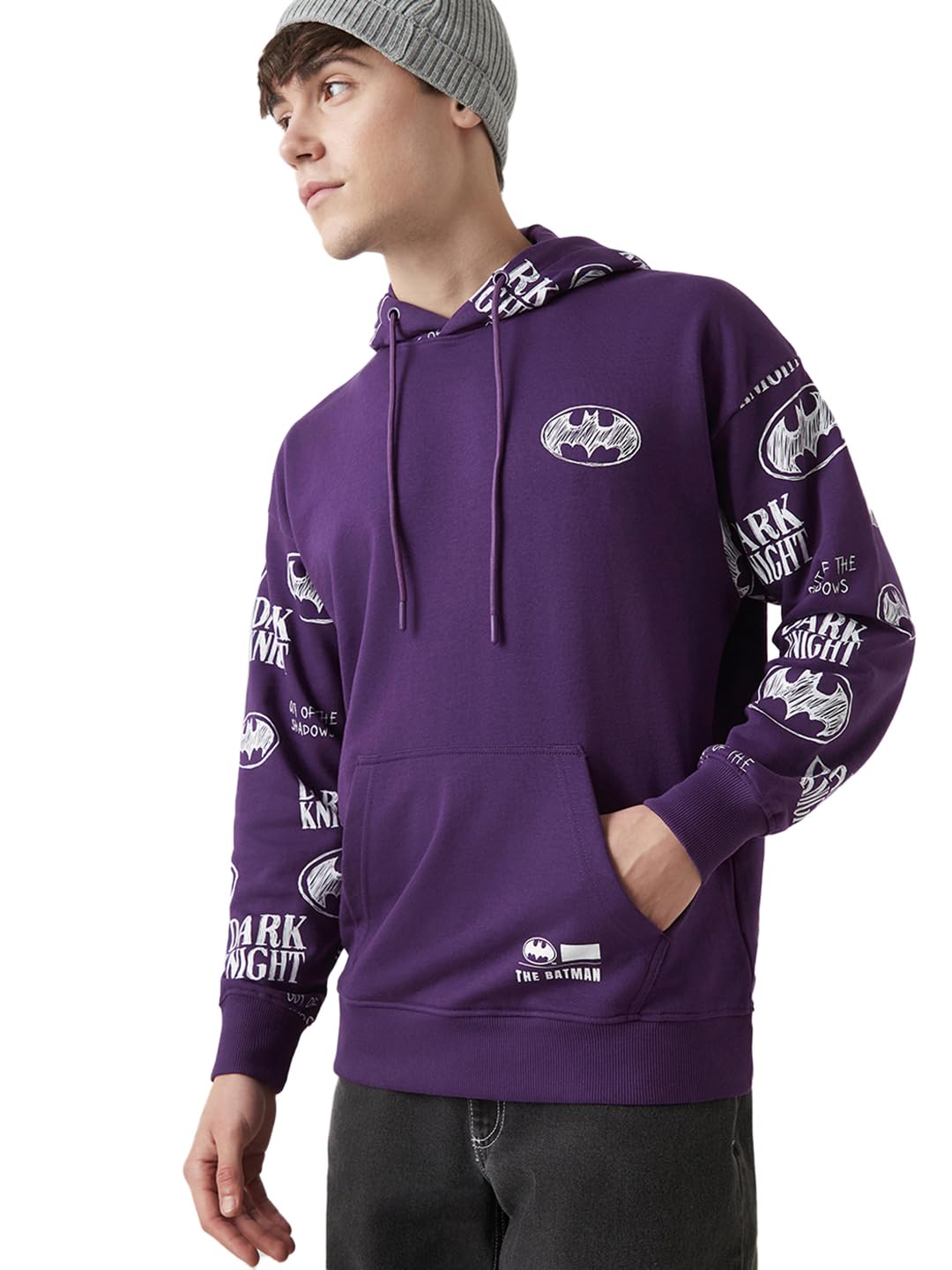 Bewakoof Official DC Merchandise Batman Mens Graphic Print Oversized Fit Full Sleeve Hooded Poly Cotton Hoodies_644641_Purple_M
