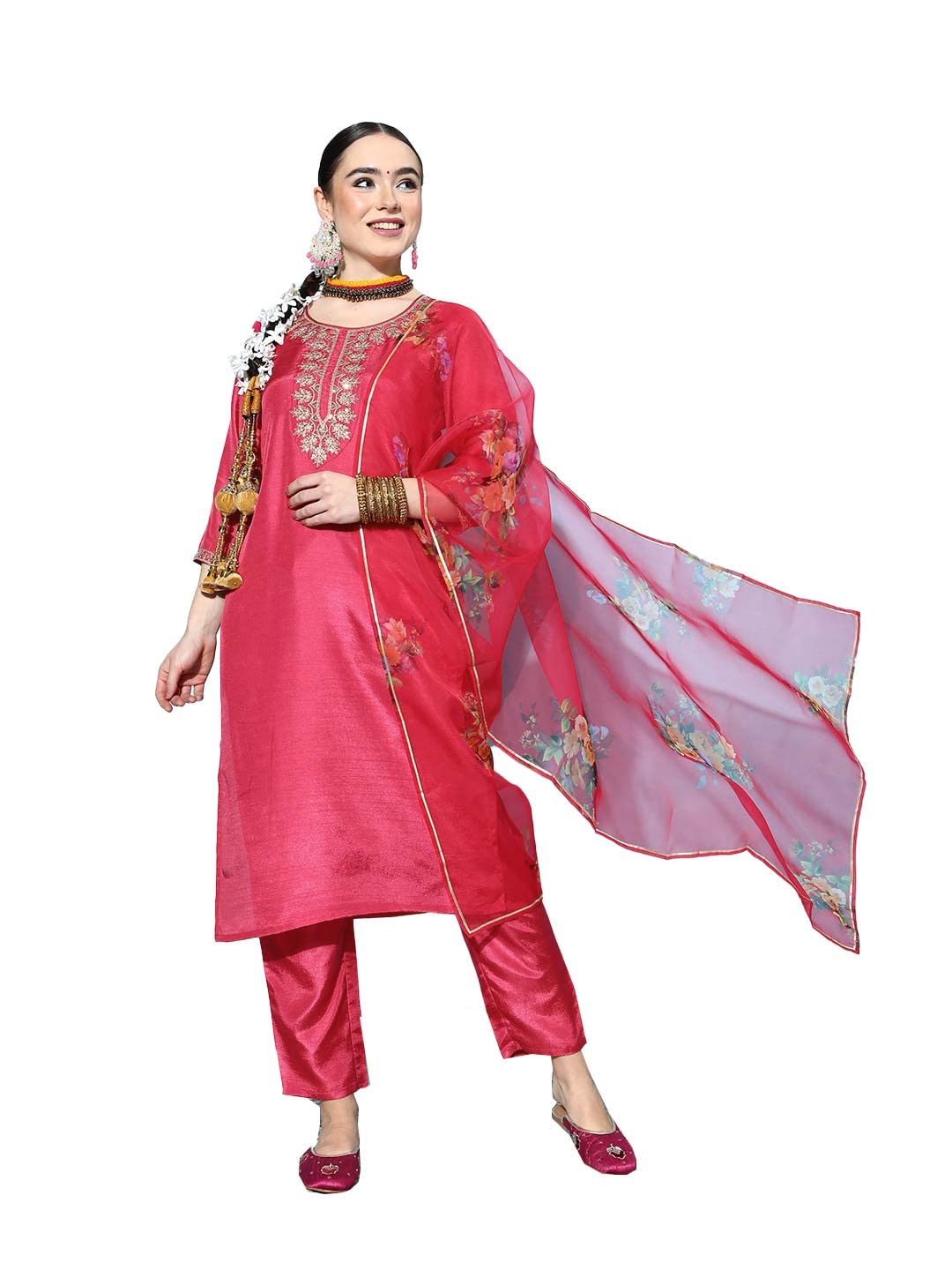 ishin Women's Pink Yoke Design A-Line Kurta with Toruser & Dupatta