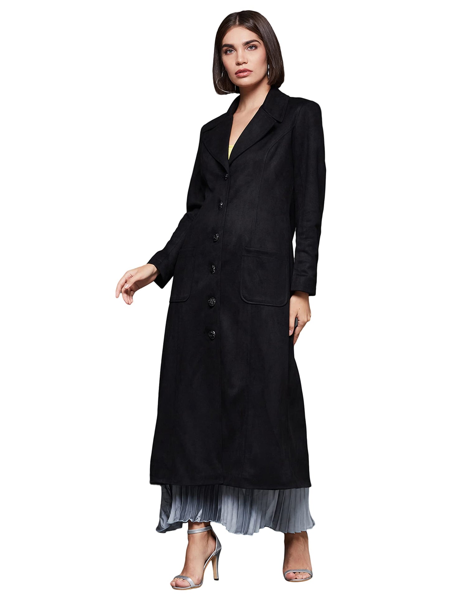 Miss Chase WomenS Black Solid V-Neck Full Sleeves Polyester Button Winter Wear Jacket (Mcaw22Jkt03-47-62-06, Black, Xl)