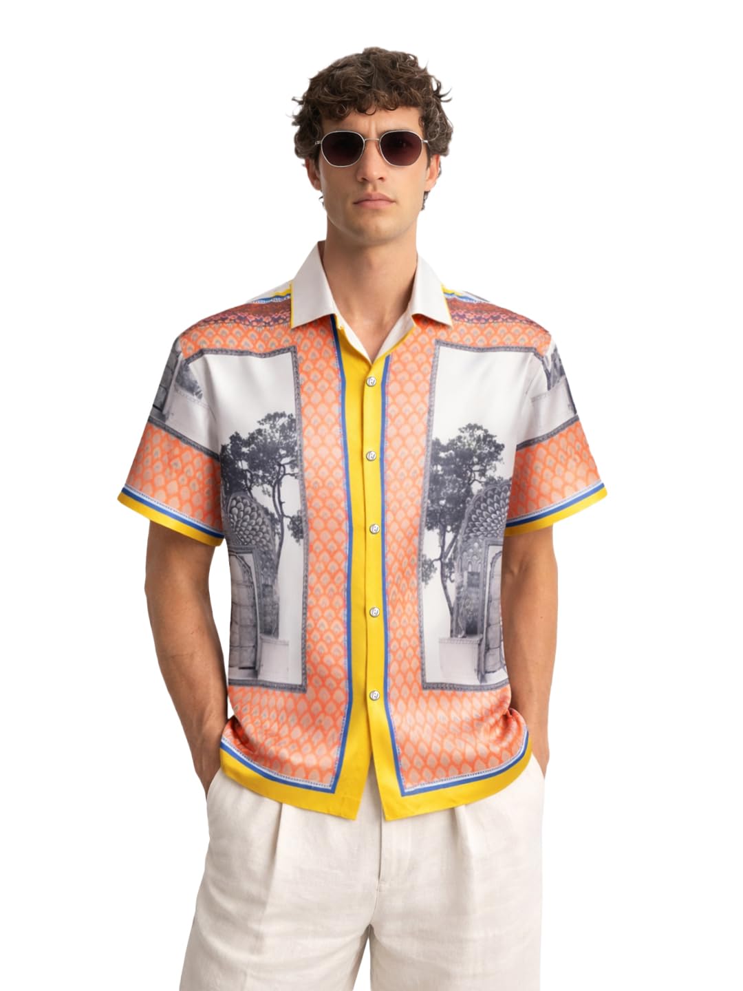 The Indian Garage Co Mens Relaxed Fit Border Print Cuban Collar Half Sleeves Resort Sweater