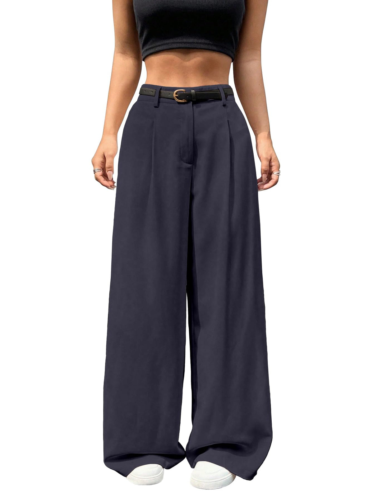 Shasmi Womens Navy Blue Pleated High Waist Wide Leg Pants Elegant Loose Fit Black Trousers with Pockets, Casual & Office Wear S