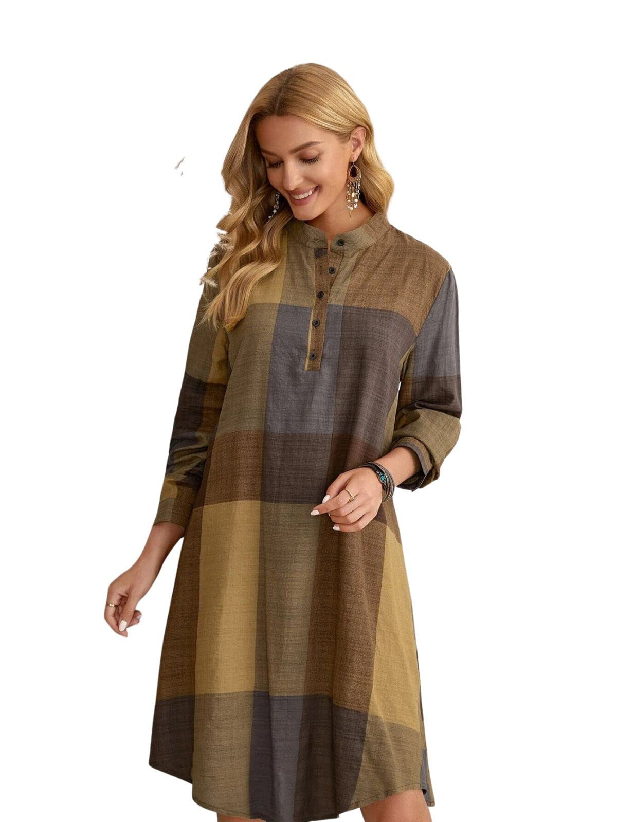 Greciilooks Western Dress For Women| Color Block Tunic Dress| Shirt Collar Half Button Western Dress| Long Slleve Dress| Best Gi