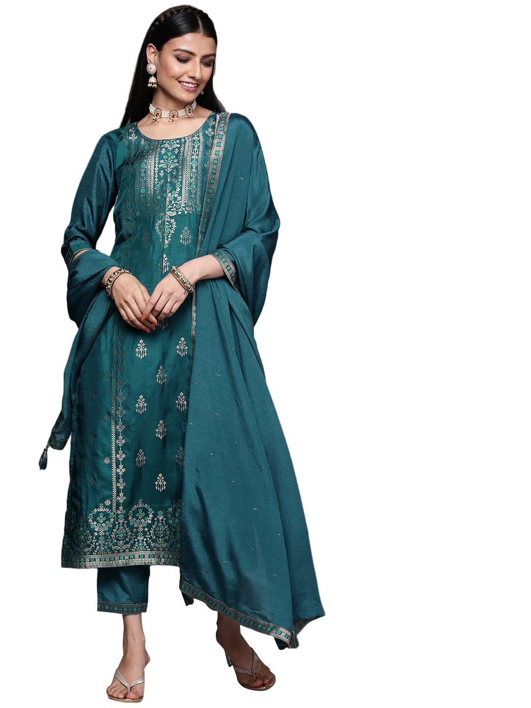 Libas Womens Embellished Silk Blend Straight Kurta With Trousers And Dupatta