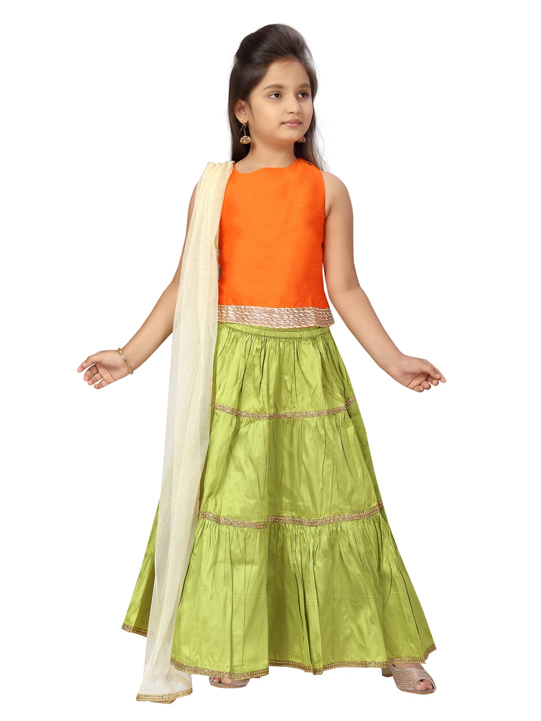 Aarika GirlS Silk Lehenga Choli Set (Lch-22111_Orange-Green_7-8 Years)
