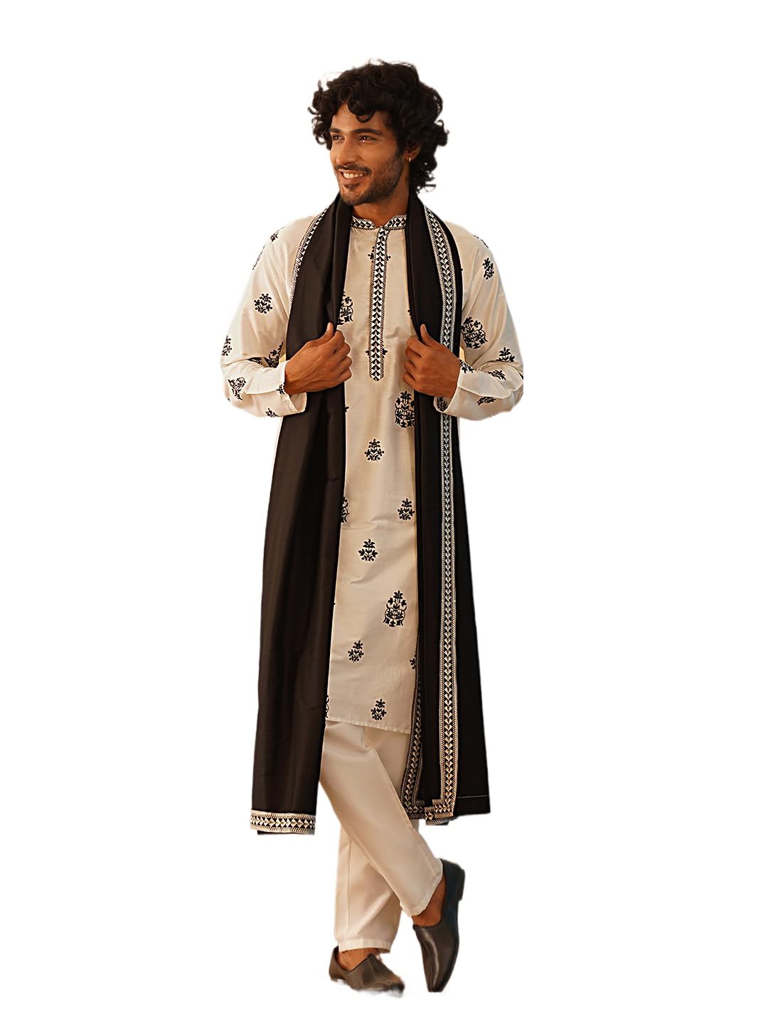 Jompers Mens Embroidered & Sequin Kurta Pyjama Set With Dupatta