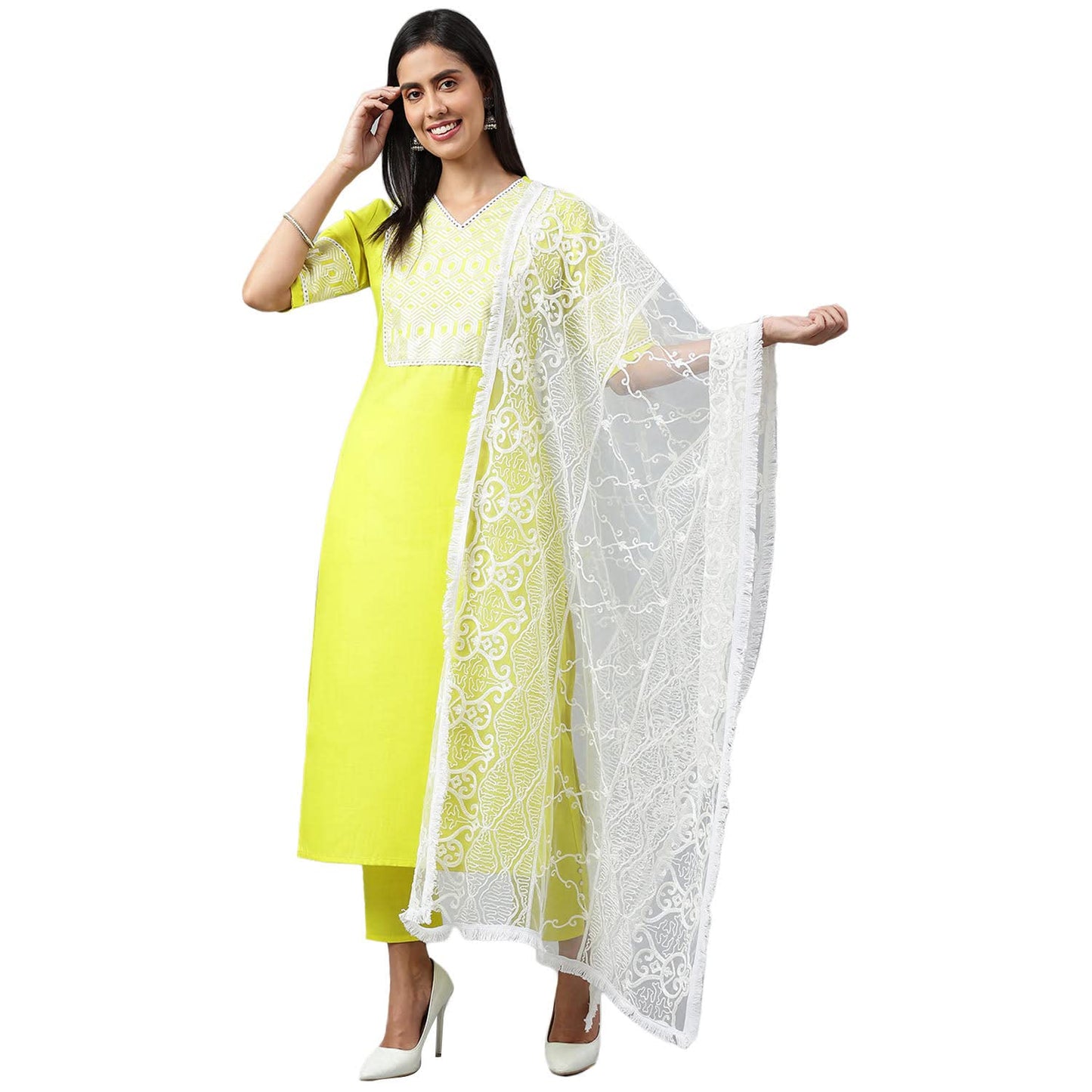 ANNI DESIGNER Womens Cotton Blend Kurta with Pant & Dupatta (Type_Green_M)