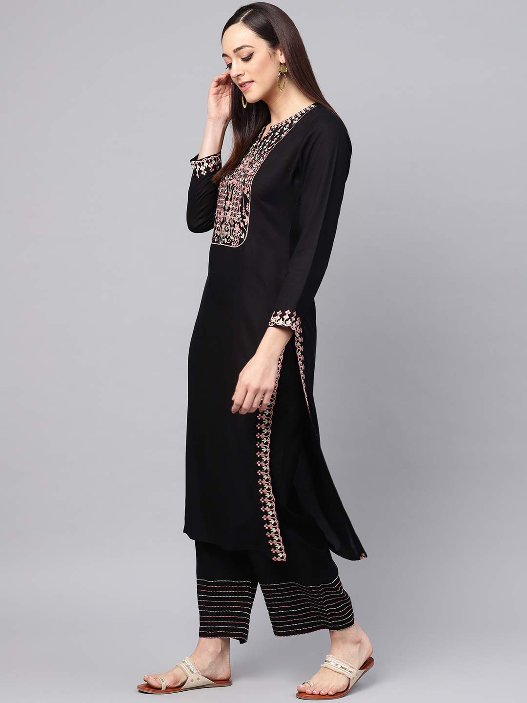 idaLia Designer Long Kurta with Palazzo - Elegant Embroidered Kurta Set, Straight Kurta with Palazzo Pant, Full Sleeve, Round V Neck, Calf Length, Rayon Fabric