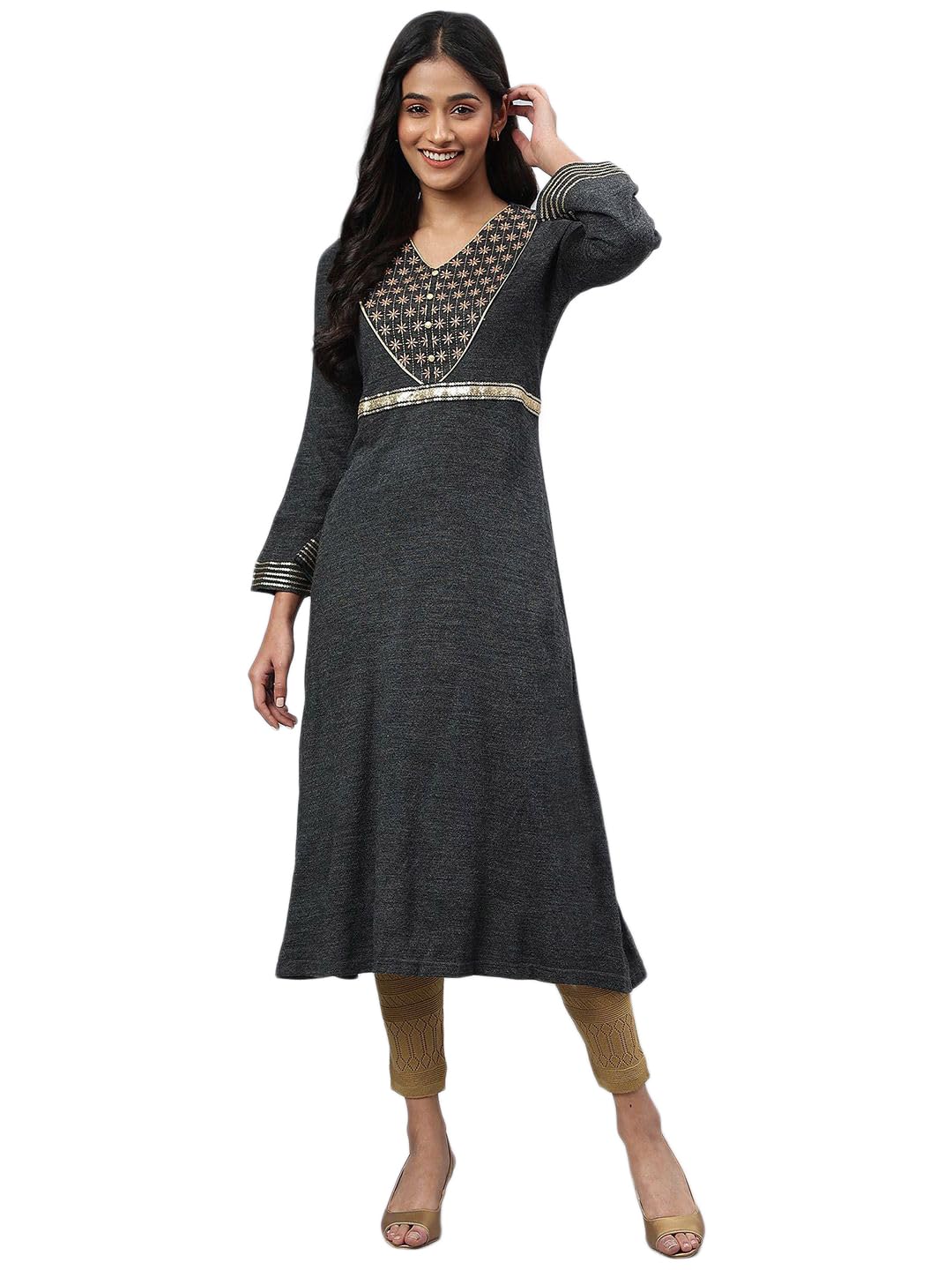 Grey Embroidered A-Line Winter Dress (Size: XS)-24NOA13706-703176