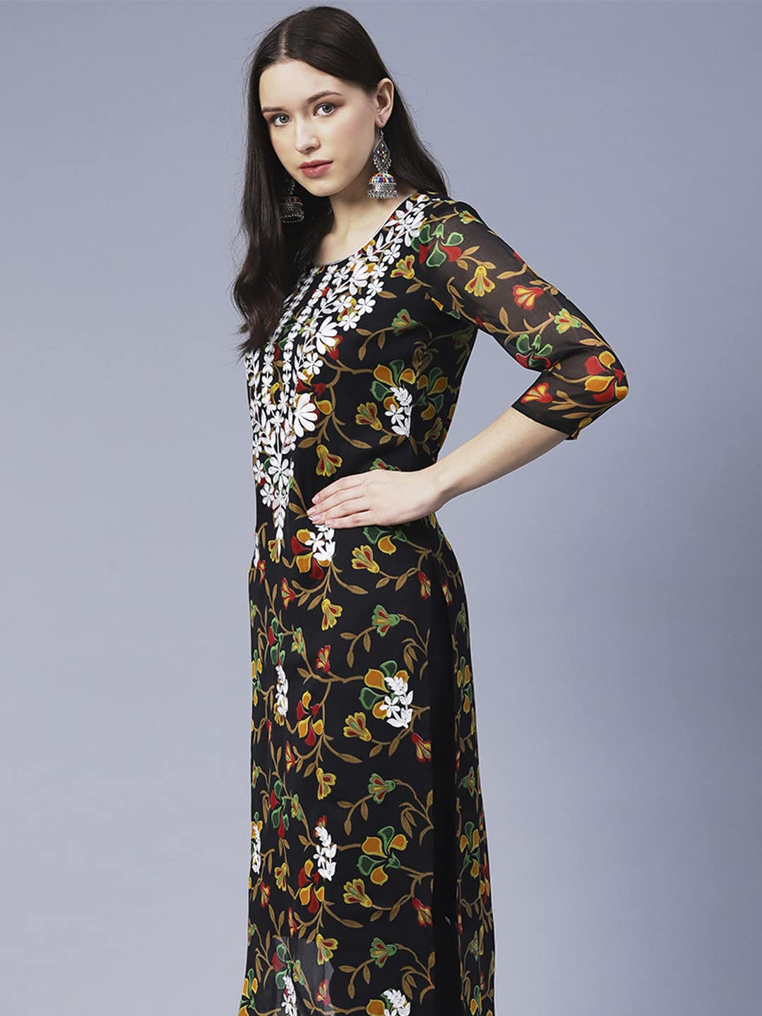 GoSriKi Women's Georgette Floral Straight Kurta