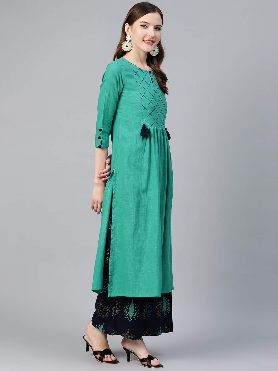 idaLia Navy Blue & Rama Green Ethnic Kurta Set for Women 3/4 Sleeve, Round Neck Cotton A-line Solid Kurta with Palazzo Pant Set