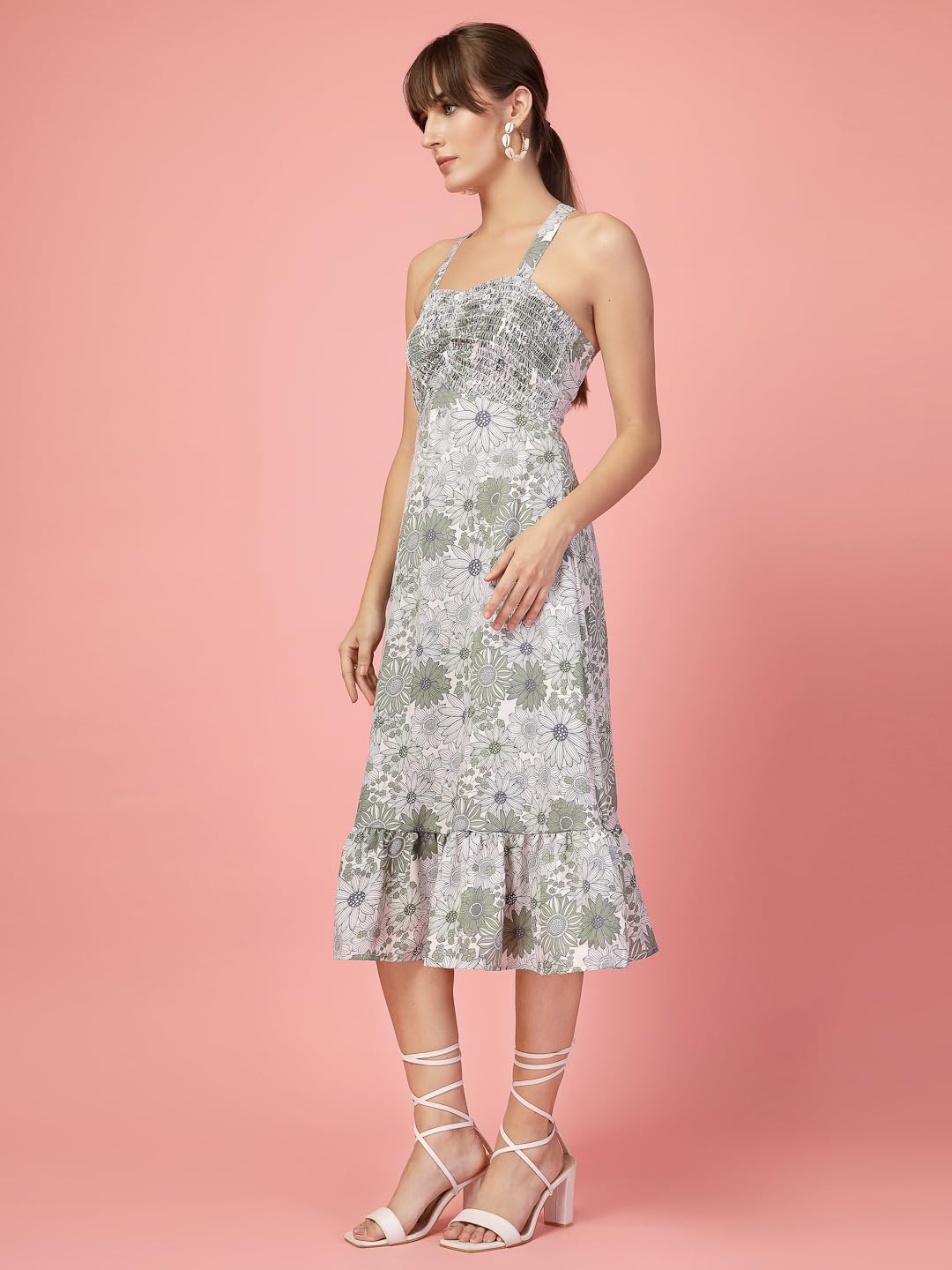 Oomph! WomenS Western & Fusion Wear Printed Crepe Dress For Women, Smocked Bodice, Green - Md1057