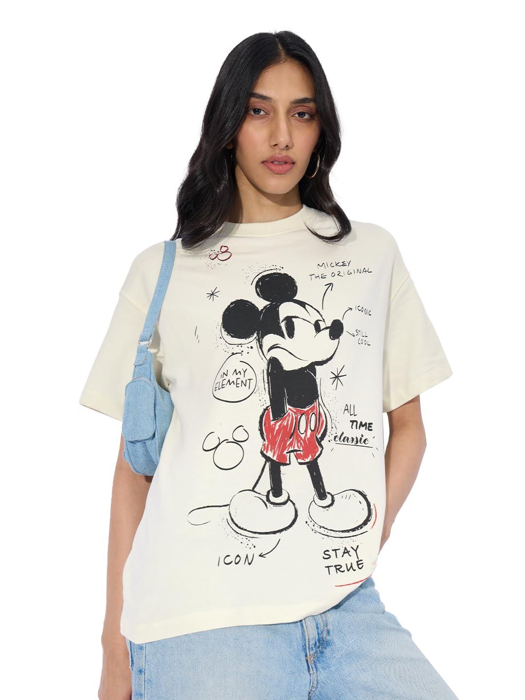 The Souled Store Mickey Mouse: Main Character Women and Girls Short Sleeves Round Neck Off White Graphic Printed Cotton Oversize