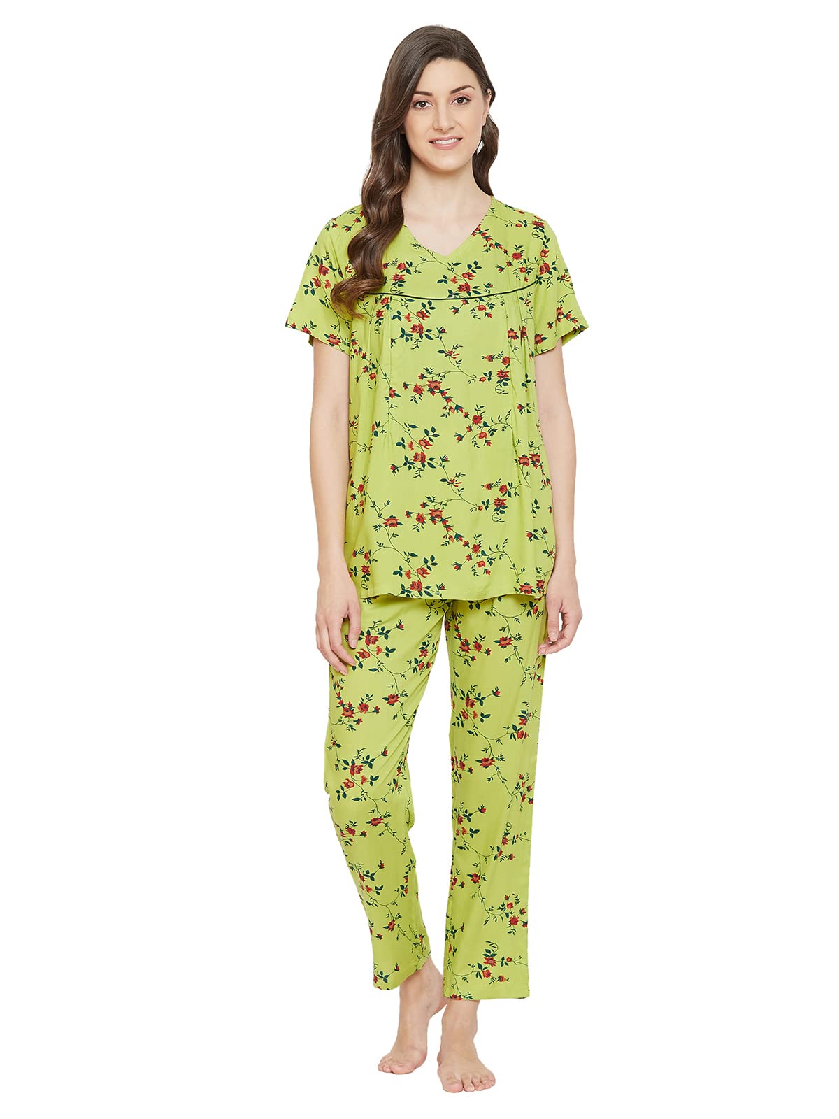 Clovia Womens Cotton Feeding Pretty Florals Top & Pyjama (LS0349R11_Green_XXL)