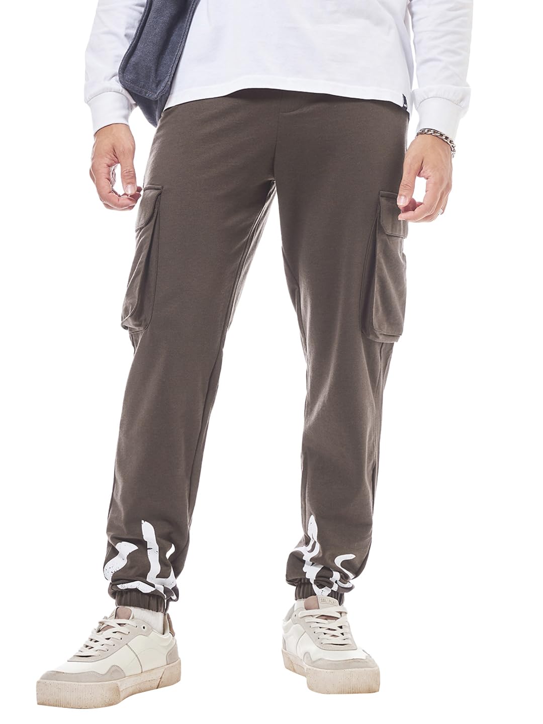 Bewakoof Mens Typography Oversized Fit Cotton Blend Cargo Mid Rise Joggers_584147_Brown_XL