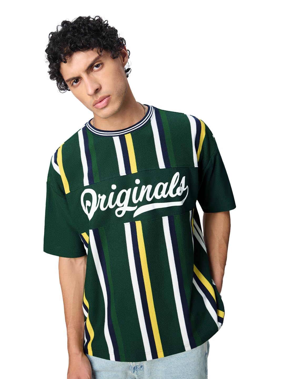 The Souled Store Stripes: Pacific Men and Boys Short Sleeves Round Neck Green Striped Cotton Oversized T-Shirts