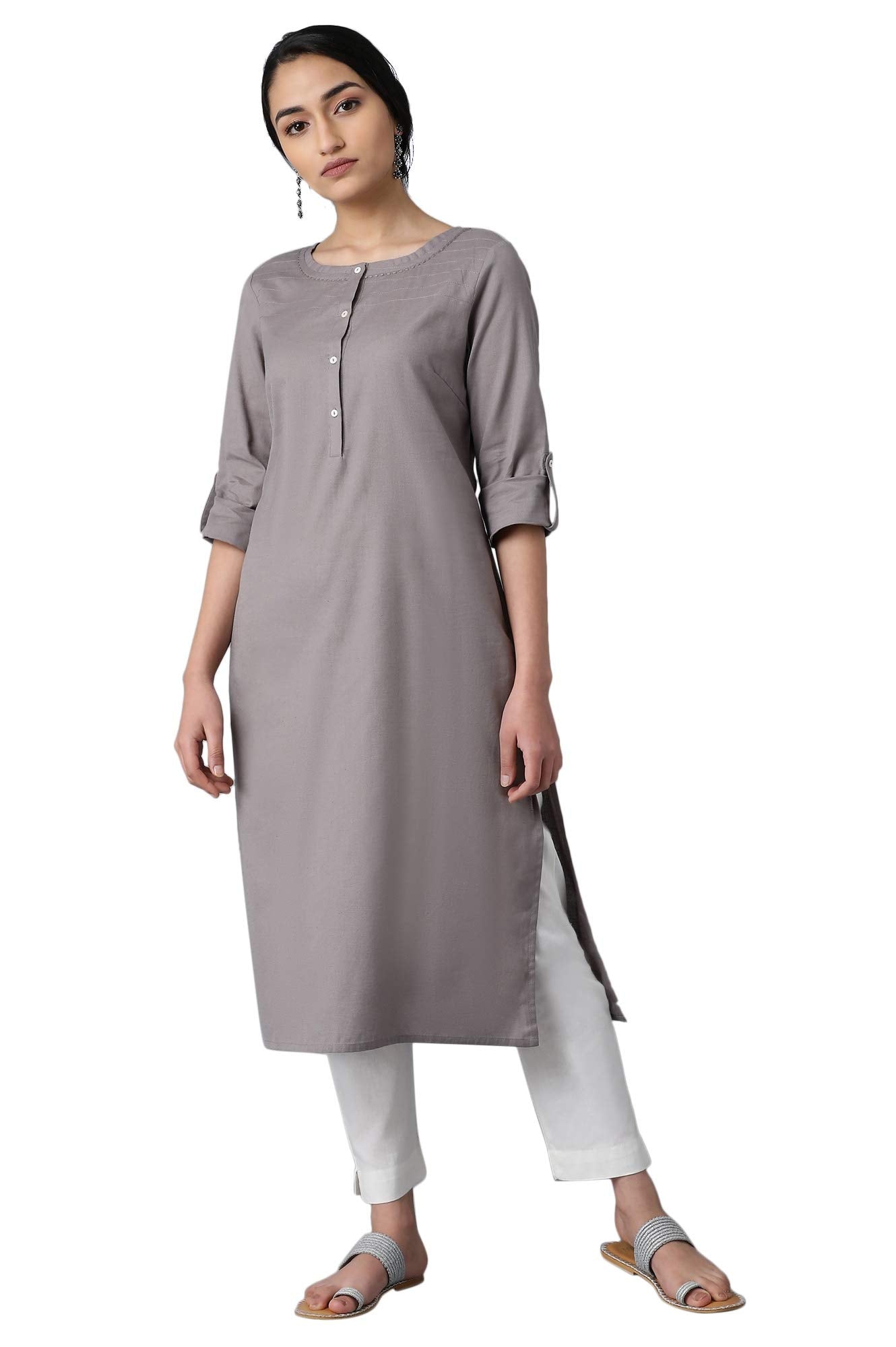 W for Woman Grey Round Neck Solid Kurta