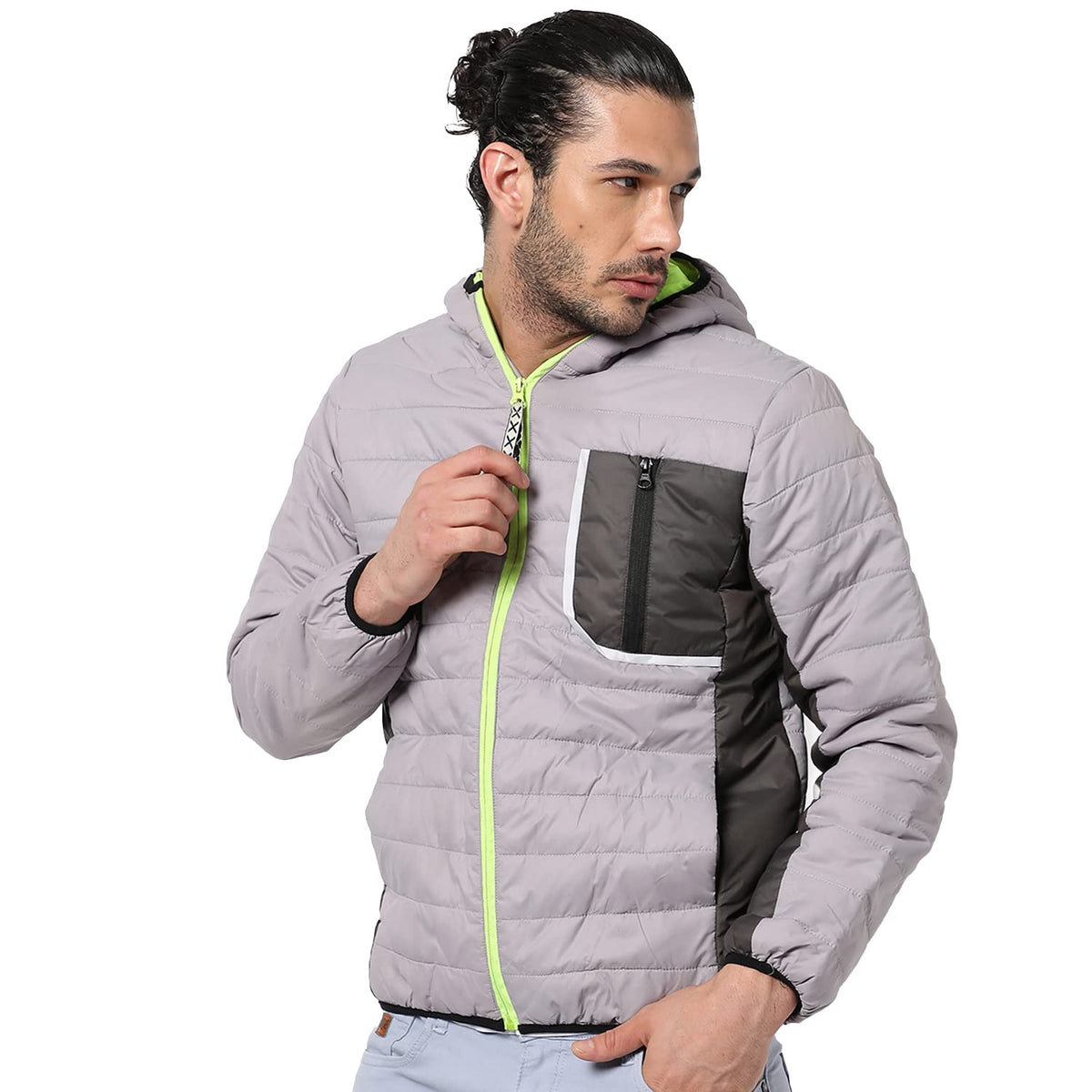Campus Sutra Mens Grey Solid Puffer Regular Fit Bomber Jacket For Winter Wear | Hooded Collar | Full Sleeve | Zipper | Casual J