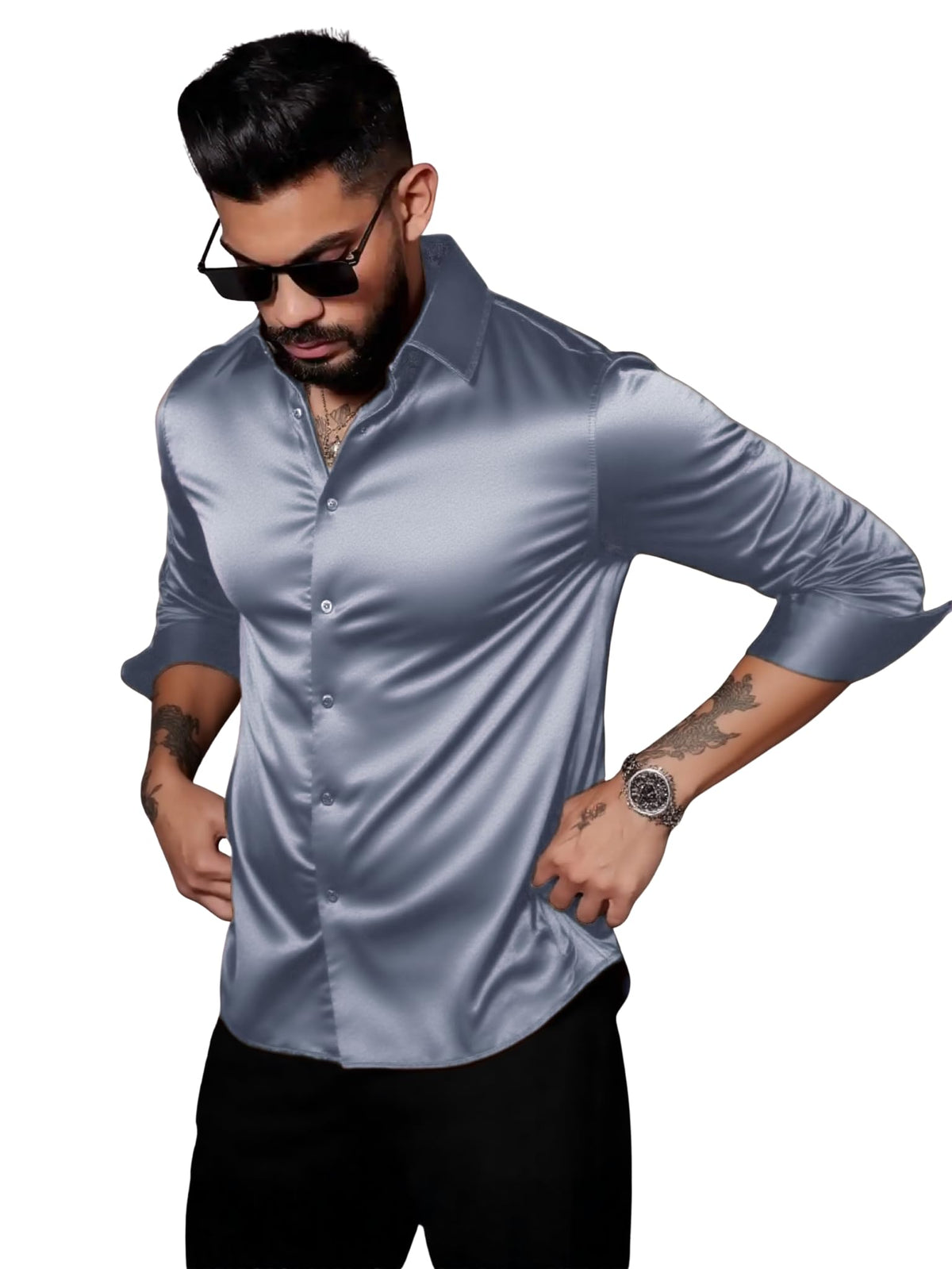 Indoprimo MenS Stylish Solid Satin Casual Shirt For Men Full Sleeve Darkgrey