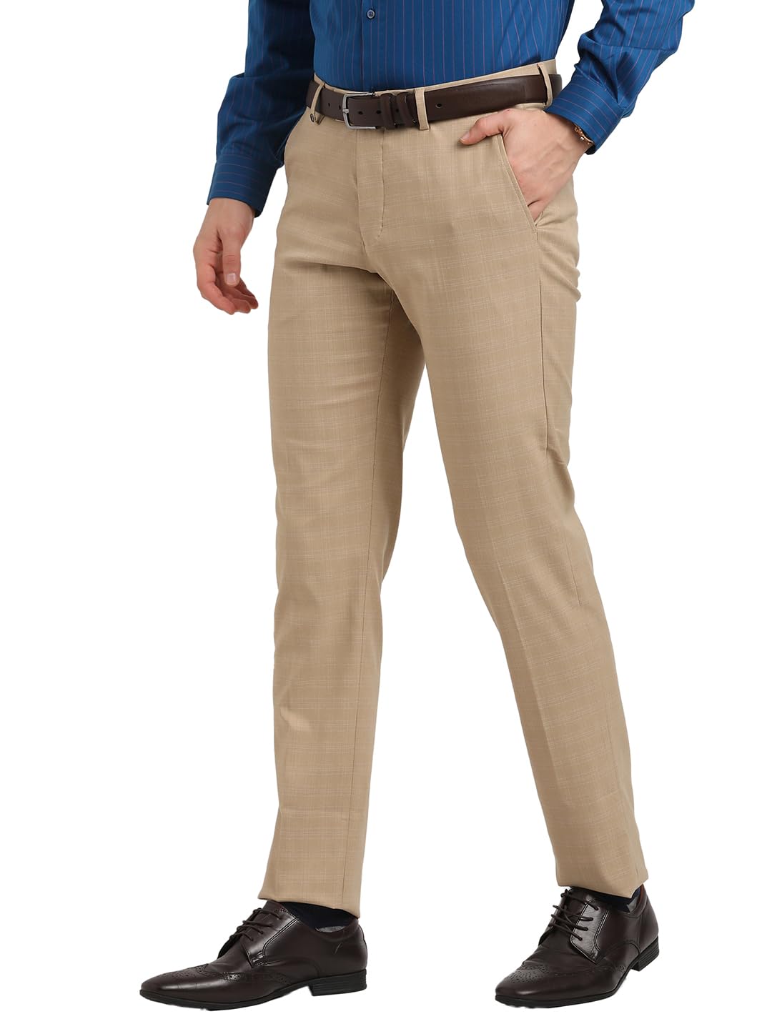 Turtle Men Poly Viscose Stretch Slim Fit Beige Formal Trouser
