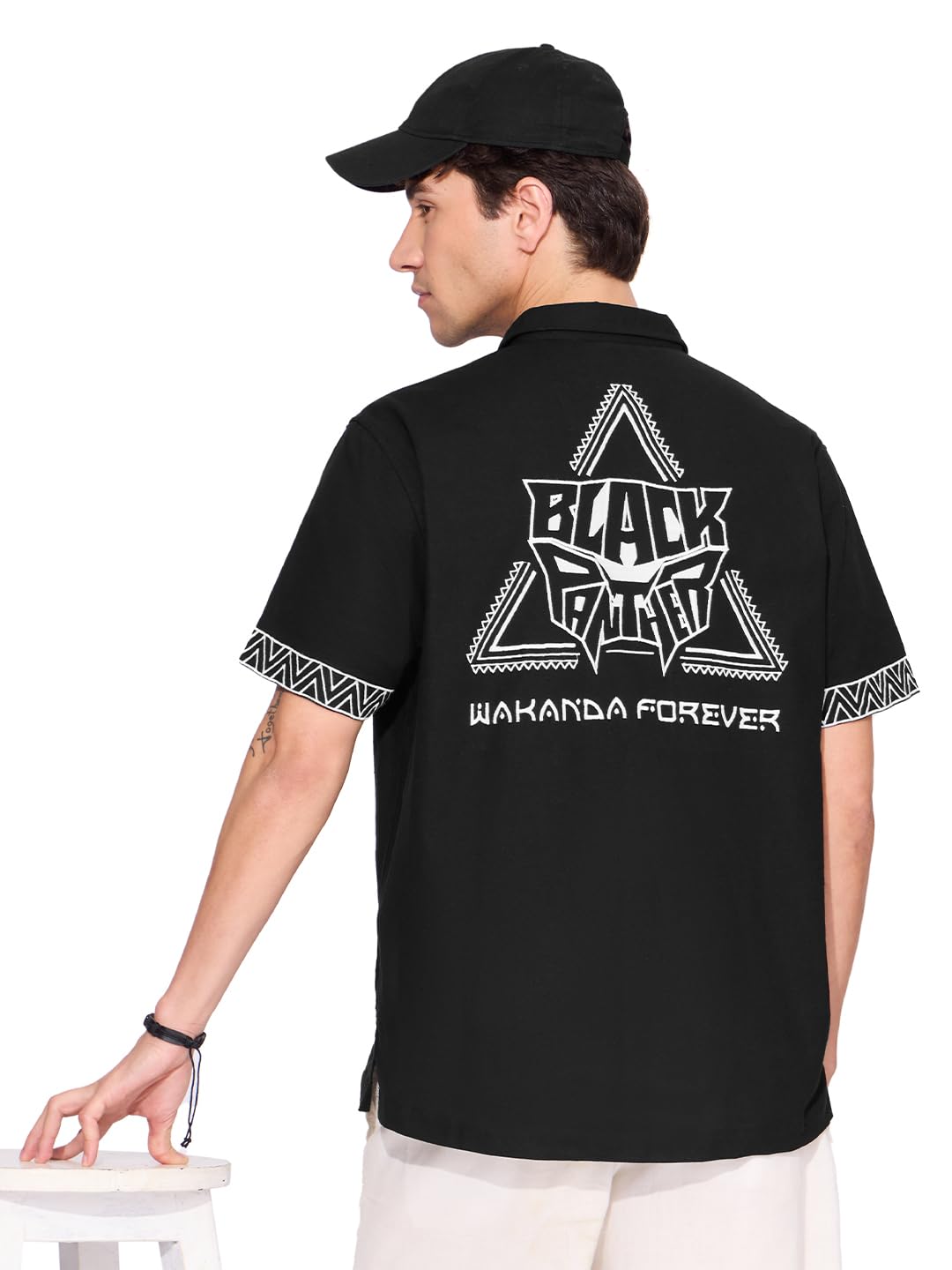 The Souled Store Official Black Panther: Wakanda Forever Men and Boys Short Sleeves Collared Neck Button Front Black Graphic Pri