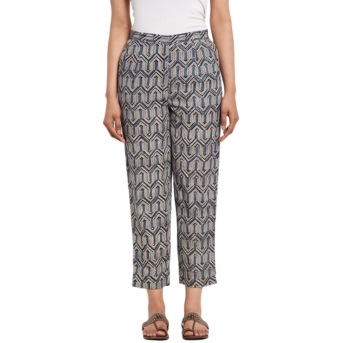 Fabindia Women Block Printed Casual Pant Cotton_M Indigo
