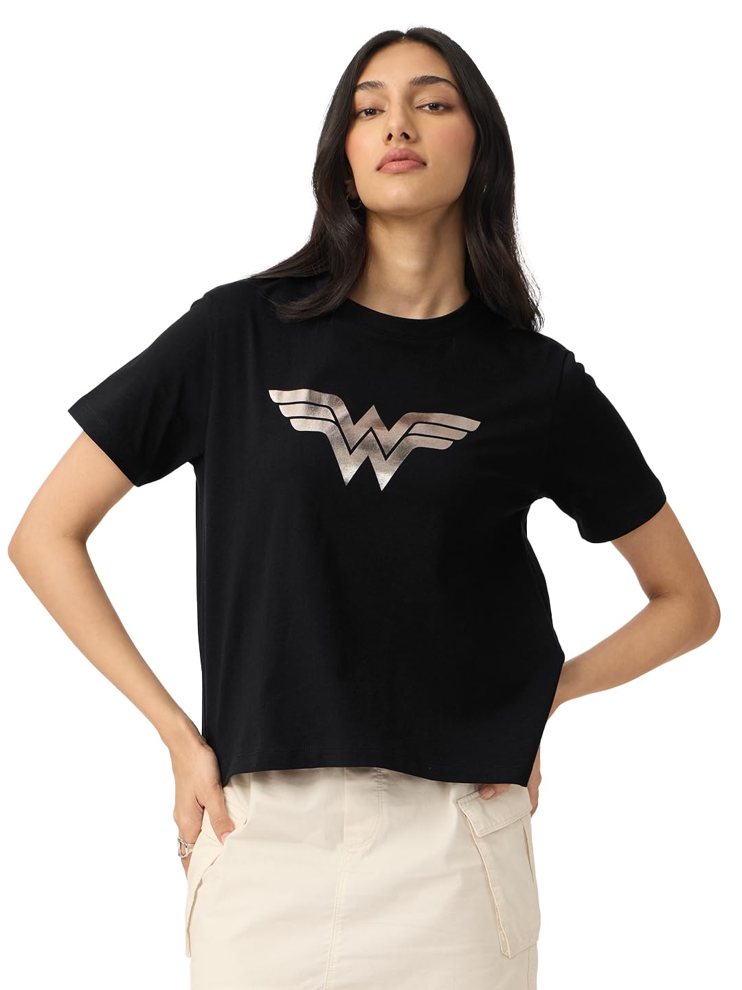 The Souled Store Wonder Woman: Logo Women and Girls Short Sleeves Round Neck Black Graphic Printed Cotton Relaxed Fit T-Shirts