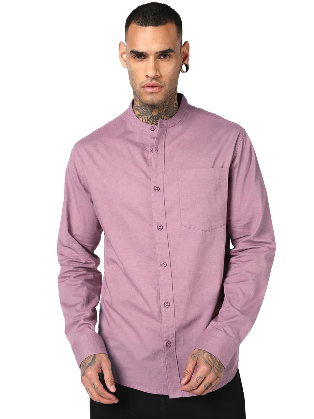 Bewakoof Mens Solid Regular Fit Full Sleeve Mandarin Collar Cotton Linen Blend Shirt_1500955_Purple_S