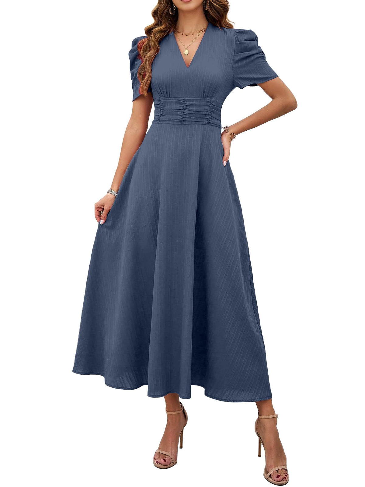 Shasmi Girls & Womens Indigo Blue Solid Color V-Neck A-Line Maxi Dress for Women | New Year Party Outfit | Waist Cinched Puff