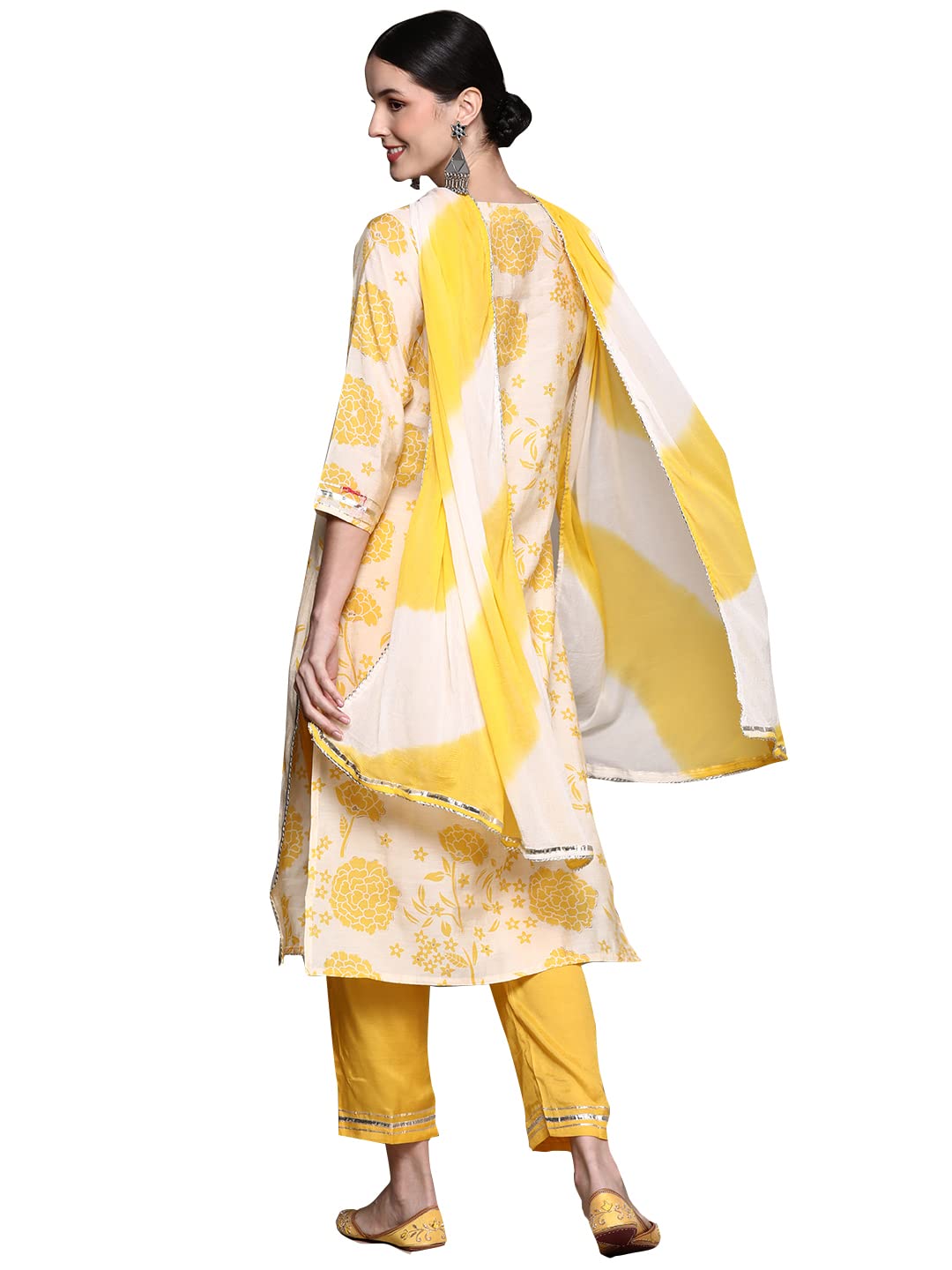 ishin Women's Yellow Yoke Design A-Line Kurta set With Trouser and Dupatta