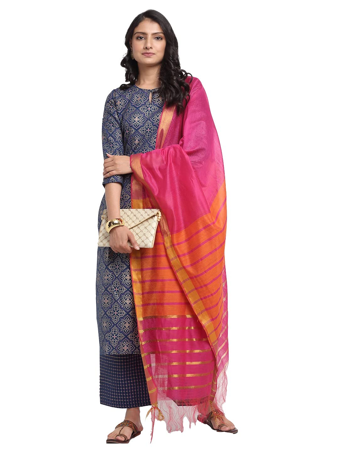 GoSriKi Womens Rayon Cotton Foil Printed Straight Kurta with Palazzo & Dupatta (KSHI)
