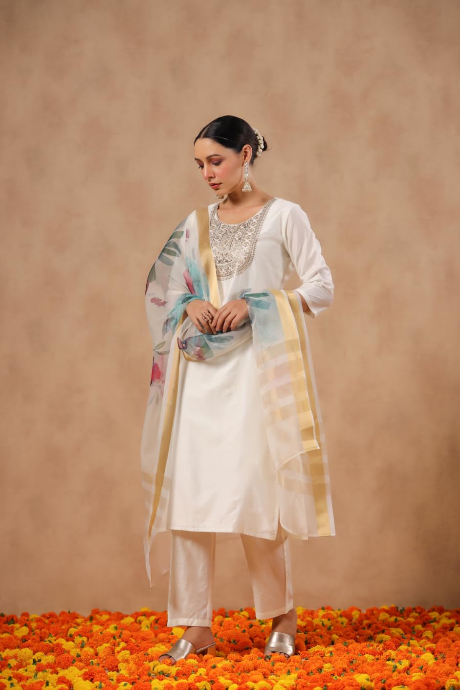 ishin Women's Poly Silk Yoke Design Zari Off White Straight Kurta Suit Set with Trousers and Dupatta