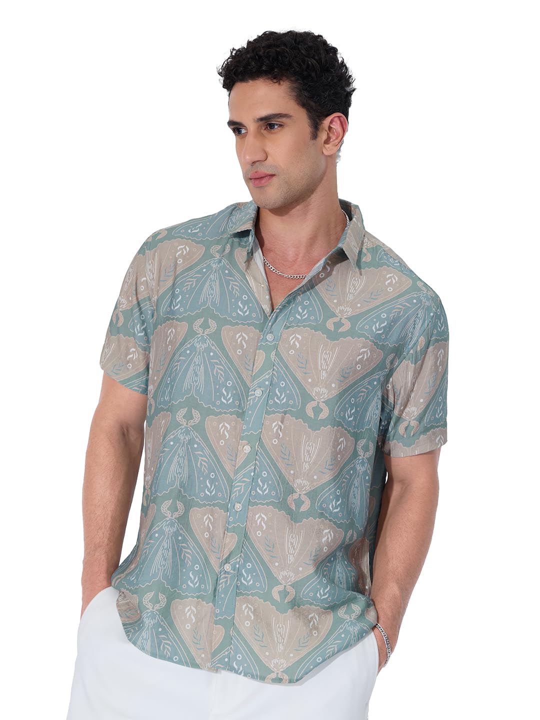 The Souled Store Holiday Shirt: Indie Men and Boys Short Sleeves Collared Neck Button Front Blue All Over Printed Cotton Blend R