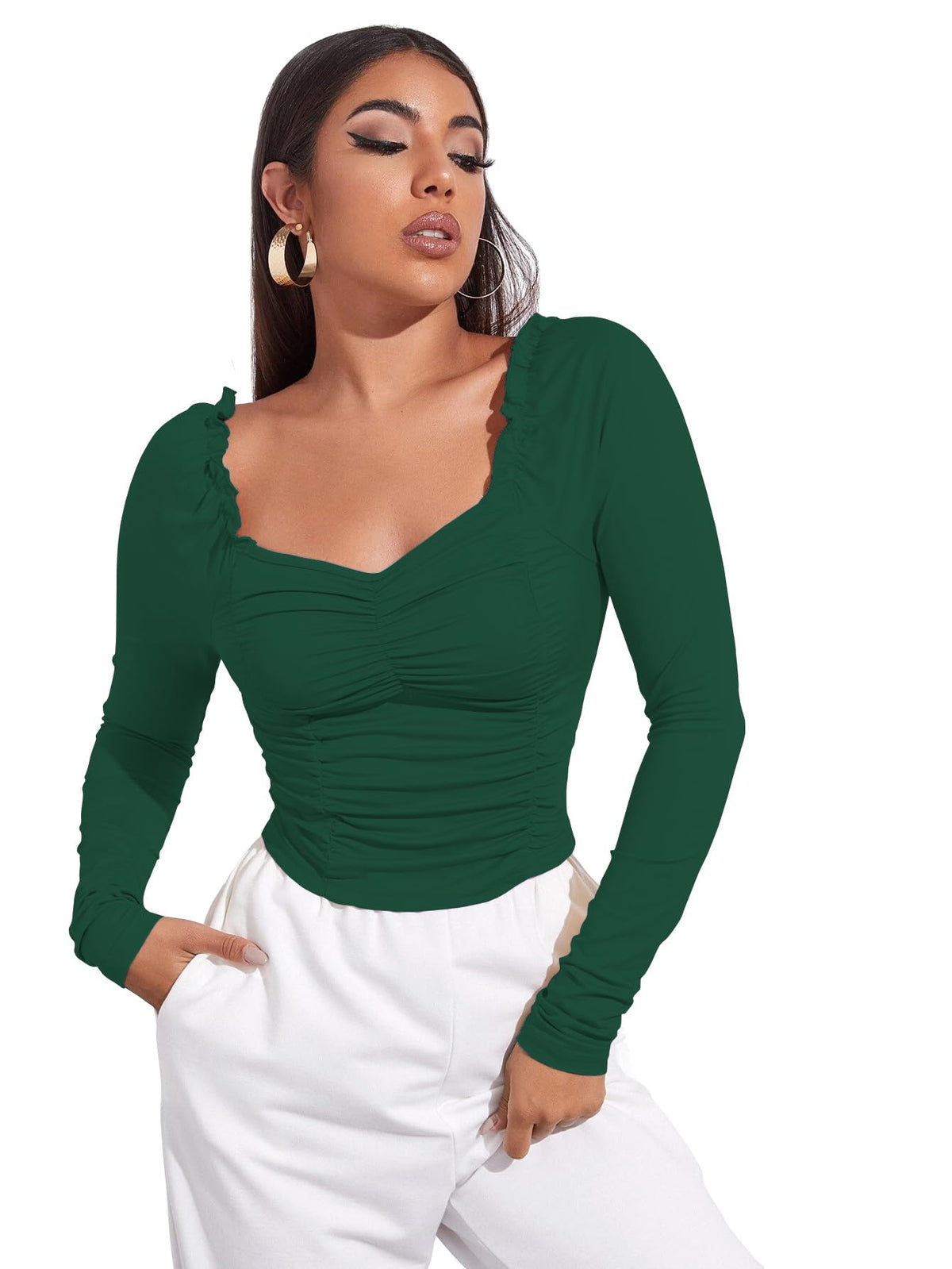 AVANOVA Womens & Girls Bottle Green Full Sleeve, Sweat Hear Neck, Frill Trim Ruched Crop Top for Women, Tops, T-Shirts for Gir